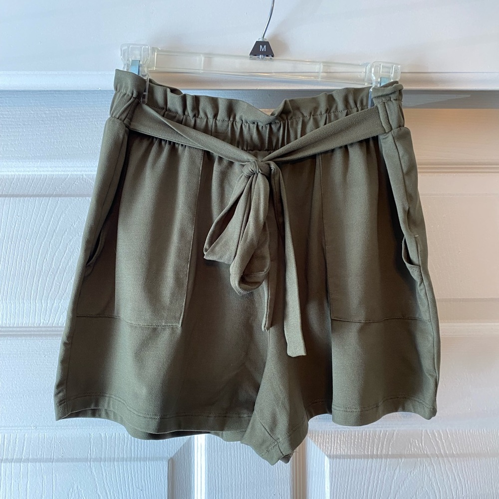 Olive Green Stretch Paper Bag Shorts w/Pockets